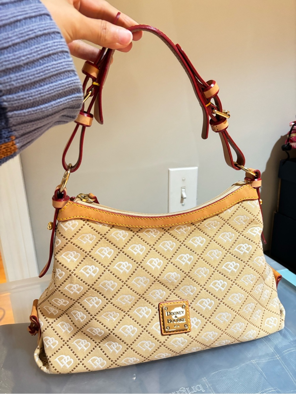 Dooney & Bourke Beige Signature Shoulder Bag with Burgundy Handles